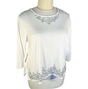 Alfred Dunner Blouse Womens 2X Winter White 3/4 Sleeve Silver Beaded Round Neck